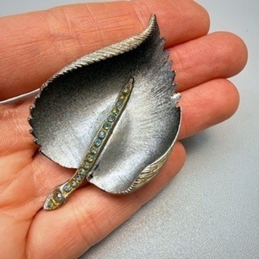 Vintage Silver Tone Leaf Brooch with Blue Rhinestones 2.5" Gray‎ Artsy Artisan